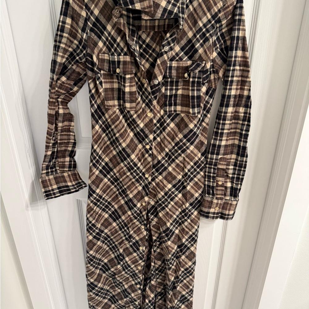 Zara Brown and Black Plaid Long Sleeve Dress